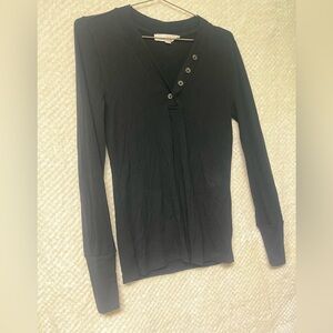 LOFT Black Ribbed Long Sleeve Top Fitted Soft Material V Neck Buttons Medium